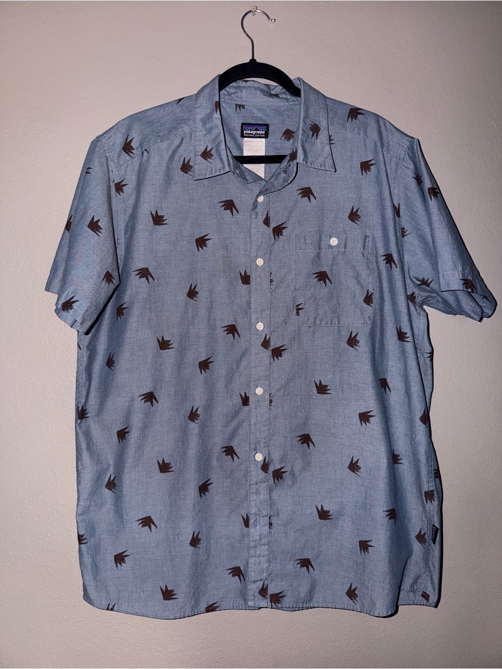Patagonia Organic Cotton Short Sleeve Button Up Shirt Blue Brown Print XL